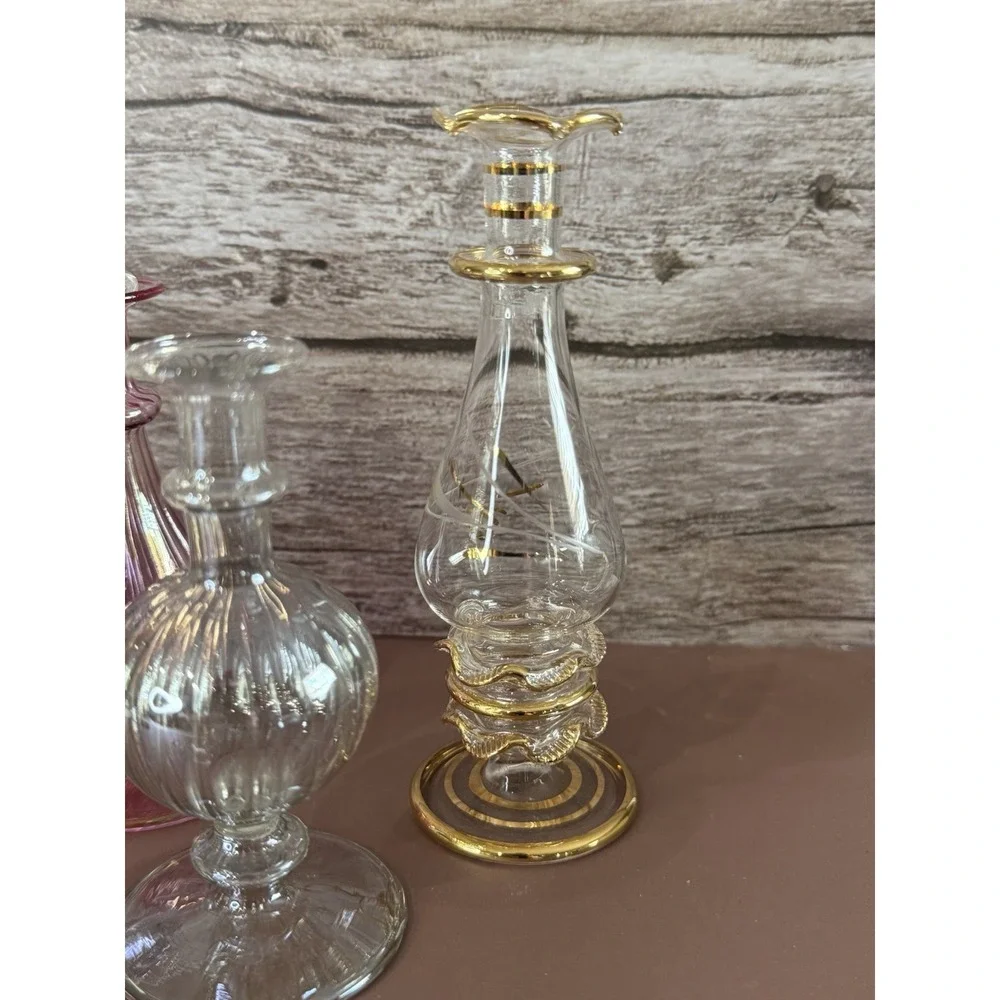Vintage Egyptian Hand Blown Glass Perfume Bottle Set Etched SEE PICS